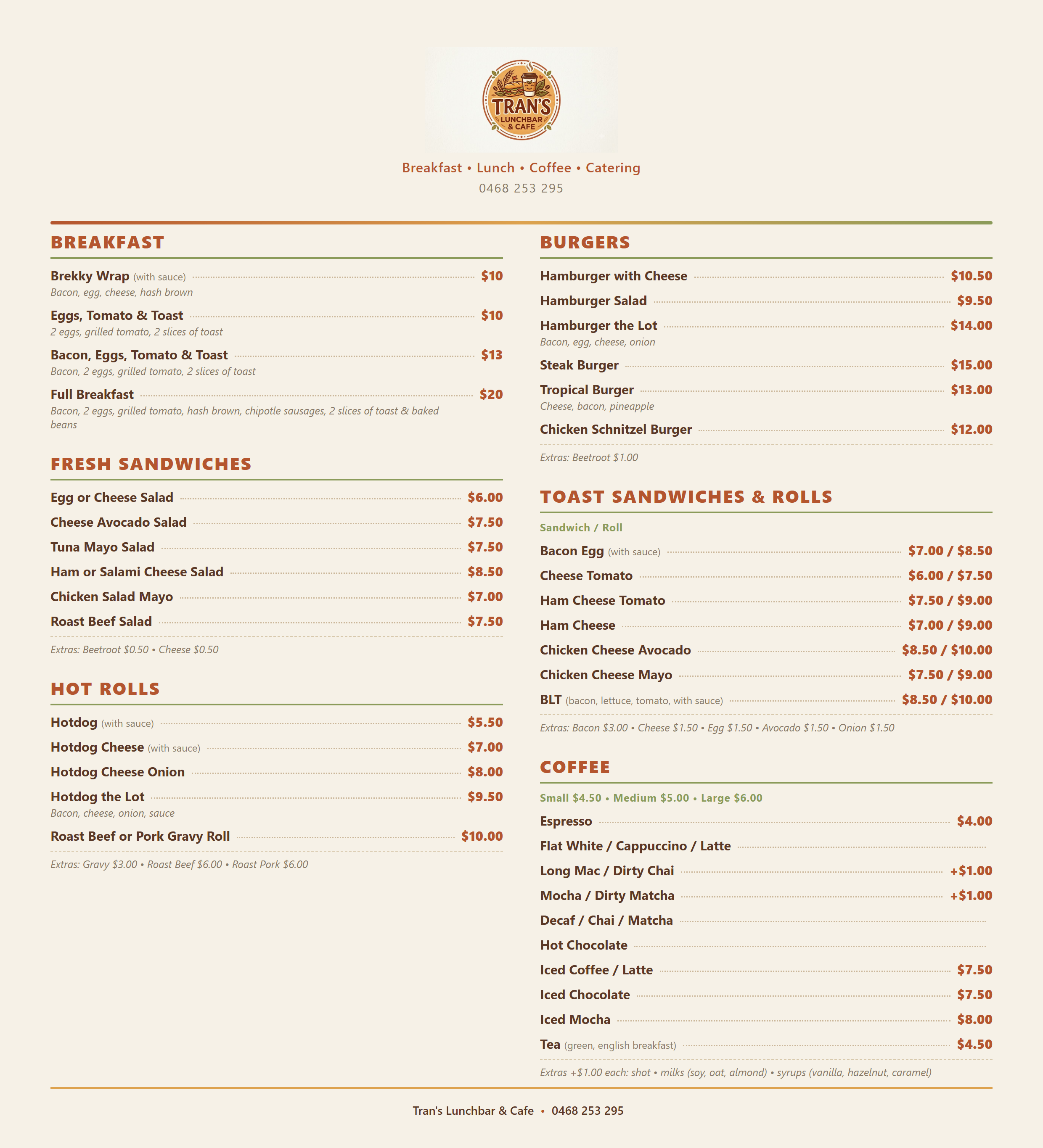Tran's Lunchbar & Cafe full menu